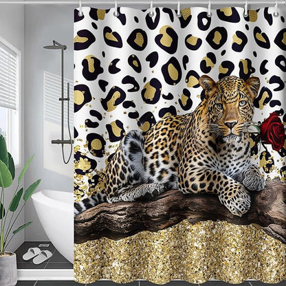 AILONEN Leopard Shower Curtains for Bathroom,Rose Leopard Bath Shower Gifts for Lover,Wild Animal Curtains Polyester Waterproof with 12 Plastic Hooks 72" W*84" H