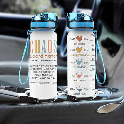 Macorner Chaos Coordinator Water Bottle Time Marker 32oz Leakproof - Birthday Gift Idea for Boss Women Coworker Manager Teacher Boss Lady Office Work Bestie - Suitable for School Gym Nurse Farewell