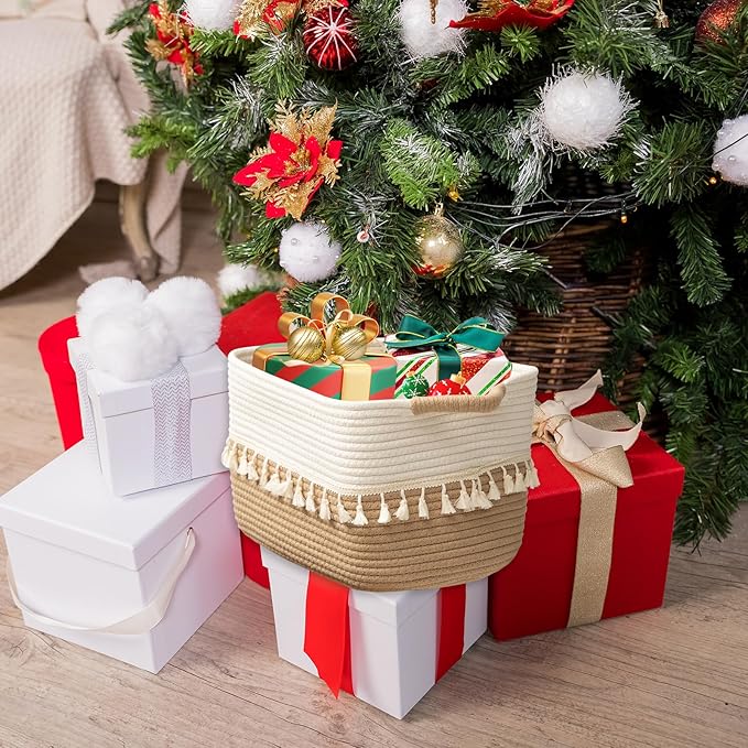 TeoKJ Woven Storage Bin Set of 3, Cotton Rope Basket for Storage, Clothes Boho Storage Basket Bin for Organizing and Storage, Fabric Storage Basket for Books, Plants, Pet Treats, White & Jute