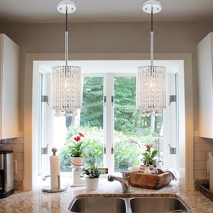 Mini Crystal Pendant Lighting 1 Light Modern Hanging Light Fixtures Small Cylinder Chrome Chandelier for Kitchen Island Dining Room