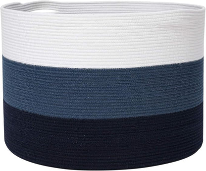 24" x 24" x 17" Max Size Large Cotton Rope Basket, Extra Large Storage Basket, Woven Laundry Hamper, Cloth Storage Bin, for Blankets Clothes Towels Pillows in Living Room, Dark Blue/Deep Blue