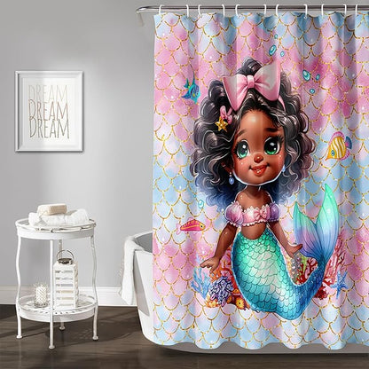 AILONEN Mermaid Shower Curtain,Cute Black Girls Mermaid Bath Curtain for Kids Girls,Ocean Fish Pink Mermaid Scale Print Shower Curtain for Bathroom Decor Waterproof with 12 Plastic Hooks, 72" W*84" H