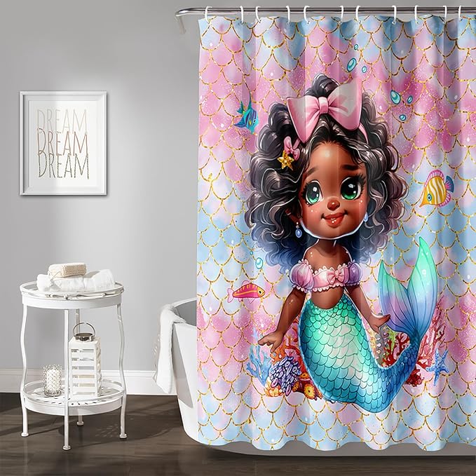 AILONEN Mermaid Shower Curtain,Cute Black Girls Mermaid Bath Curtain for Kids Girls,Ocean Fish Pink Mermaid Scale Print Shower Curtain for Bathroom Decor Waterproof with 12 Plastic Hooks, 60" W*72" H