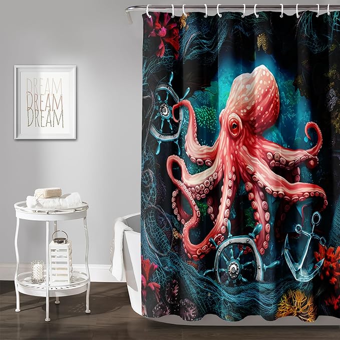 AILONEN Cartoon Red Octopus Shower Curtain for Bathroom,Octopus Tentacles Bath Curtain for Kids,Boys,Girls,Anchor Ocean Animal Theme Waterproof Fabric Shower Curtain Set with Hooks,60" W*72" H
