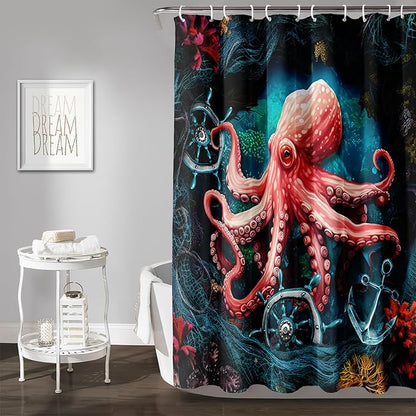AILONEN Cartoon Red Octopus Shower Curtain for Bathroom,Octopus Tentacles Bath Curtain for Kids,Boys,Girls,Anchor Ocean Animal Theme Waterproof Fabric Shower Curtain Set with Hooks,60" W*72" H