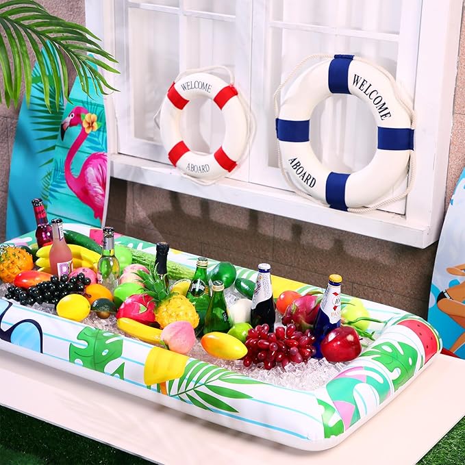 3 Pcs Inflatable Serving Bars Summer Ice Buffet Salad Serving Trays Ice Holder for Party BBQ Picnic Inflatable Drink Cooler with Drain Plug Air Pump Luau Pool Party Supplies (Palm Leaf)