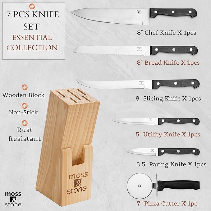 Moss & Stone Stainless Steel Serrated Small Knife Set, Kitchen knives Set With High-Carbon Stainless Steel Blades & Wood Block Set, Cutlery Knife Set Small, Basics 7 Piece Kitchen Knifes