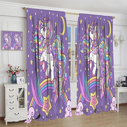 Unicorn Curtains Fantasy Star Moon Cartoon Theme Curtains Cute White Unicorn Rainbow Design Printed Curtains Boys Girls Room Curtains 72x63 Inch 2 Panels
