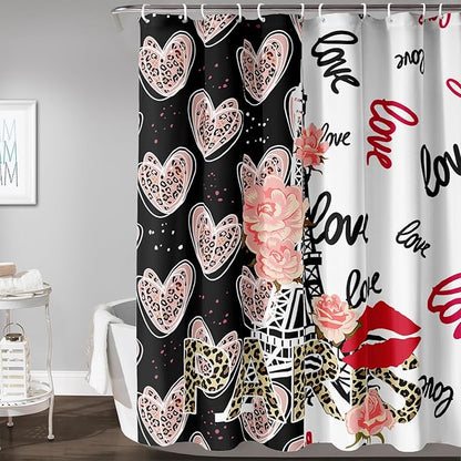 AILONEN Heart Love Shower Curtain for Bathroom, Black and White Eiffel Tower Print Bath Curtain,Pink Hearts Girls Women Shower Curtain Decoration Waterproof with 12 Plastic Hooks, 72" W*78" H
