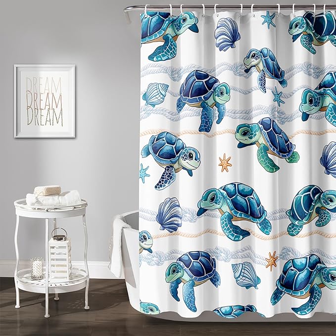 AILONEN Cute Sea Turtle Shower Curtain Set for Bathroom,Cartoon Turtle with Cowry Bath Curtain,Kawaii Ocean Animal Theme Waterproof Fabric Shower Curtain with Hooks,72" W*84" H