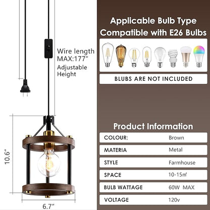 MO&OK Chandelier Vintage Pendant Light Fixture, Wood Color Farmhouse Wooden Metal Chandeliers, Open Frame Hanging Lighting for Diningroom,Bar, Entrance Hall, Kitchen Island H10.6 xD6.7-1 Light