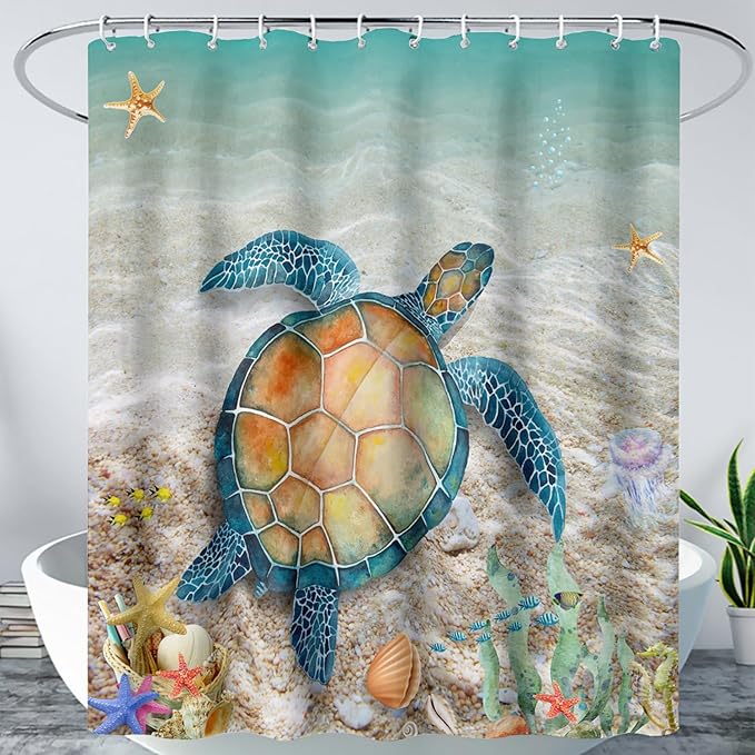 AILONEN Sea Turtle Shower Curtain,Beach Ocean Turtle Bath Curtain with 12 Plastic Hooks,Sea Animal Coast Shell Print Bath Curtain Polyester Waterproof 60" W*72" H