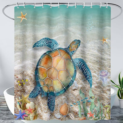 AILONEN Sea Turtle Shower Curtain,Beach Ocean Turtle Bath Curtain with 12 Plastic Hooks,Sea Animal Coast Shell Print Bath Curtain Polyester Waterproof 72" W*96" H
