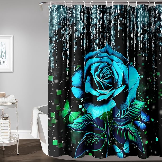AILONEN Blue Rose Shower Curtain for Bathroom, Glitter Starry Flower Print Bath Curtain,Blue and Black Waterproof Floral Butterfly Shower Curtain Decoration with 12 Plastic Hooks, 48" W*72" H