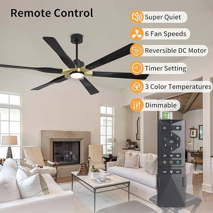 68 Inch Ceiling Fan with Lights and Remote Control, 6 Reversible ABS Blades, 6-Speed Noiseless DC Motor with 4.5" / 12" / 24" Downrods for Bedroom Dining Living Room, Gold and Black