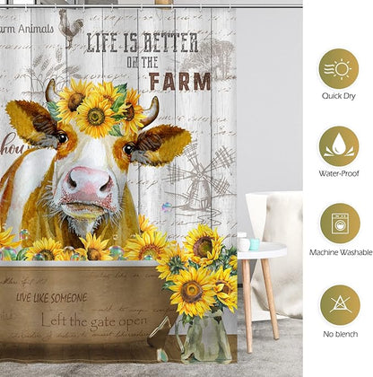 Aimego Stall Small Shower Curtain - Farmhouse Funny Cute Cow Sunflower Rustic Wooden Country Narrow Half Fabric Cloth Shower Curtain Set for Bathroom Decor Accessories Bath Curtain, 36"x72"