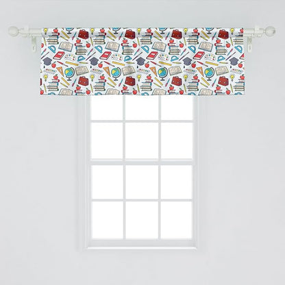 Ambesonne Science Window Valance, Elementary Theme Student Supplies Globe Paints and Brushes Books, Curtain Valance for Kitchen Bedroom Decor with Rod Pocket, 42" x 18", Multicolor