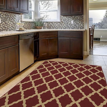 Machine Washable Trellis Design Non-Slip Rubberback 5x7 Traditional Area Rug for Living Room, Bedroom, Kitchen, Dining Room, 5' x 6'6", Red