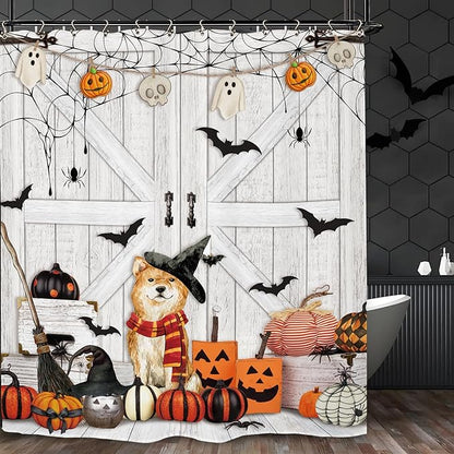 Halloween Dog Pumpkin Shower Curtain 60Wx72L Inch Barn Door Horror Scary Spooky Wood Farmhouse Rustic Bat Bathroom Set Accessories Decor with 12 Pack Hooks