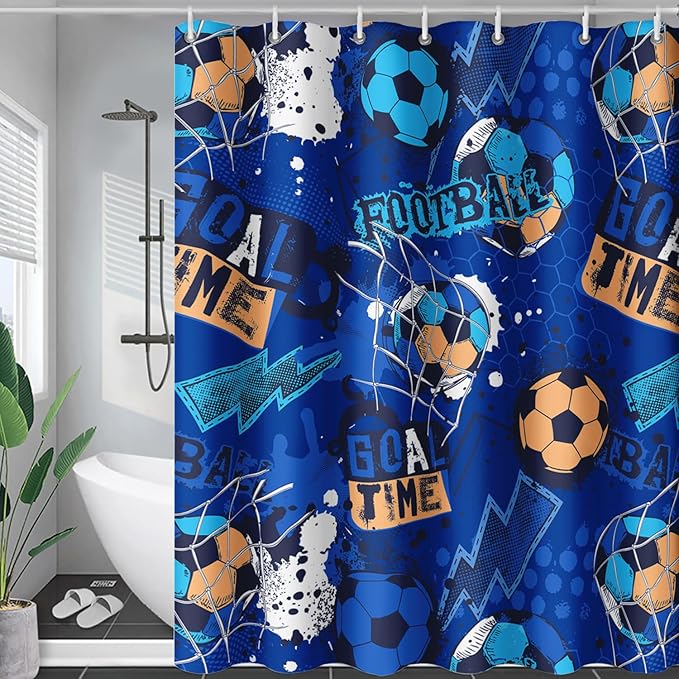 AILONEN Boys Sports Shower Curtain 72" W*96" H Soccer Bath Curtain Football Soccer Ball Printed Shower Curtain Boys Kids Teen Bathroom Curtain Decor Polyester Waterproof Curtain with 12 Hooks