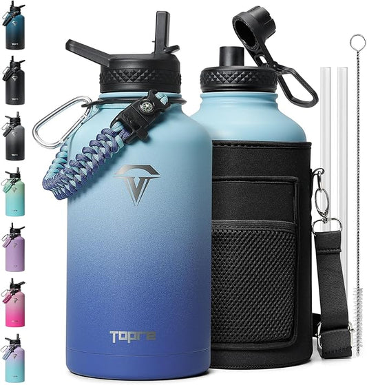 64oz Insulated Water Bottle,Half Gallon Water Flask Stainless Steel Vacuum, Cold for 48 Hrs,BPA-Free & Leakproof -with Paracord Handle, Strap,Straw Spout Lids,Large Jug for Gym Sports,Blue