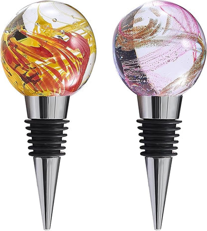 2PCS Hand Blown Glass Wine Stopper Bottle Stopper - Wine Saver, Reusable Wine Corks for Beverage, Stainless Steel Wine Stopper