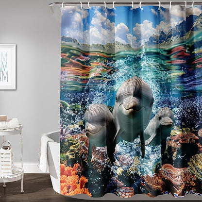 AILONEN Cute Dolphin Shower Curtain,Ocean Dolphin Bath Curtain,Tropic Sea Coral Beach Curtain,Boys Girls Kids Curtain for Bathroom Decor Waterproof, 36" W x 72" H