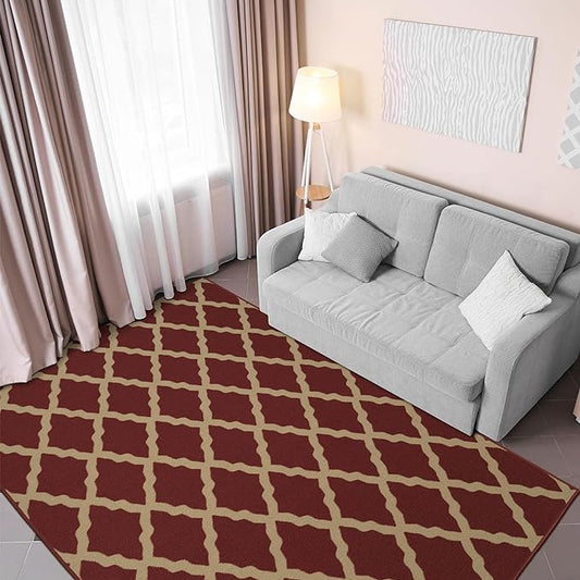 Machine Washable Trellis Design Non-Slip Rubberback 5x7 Traditional Area Rug for Living Room, Bedroom, Kitchen, Dining Room, 5' x 6'6", Red