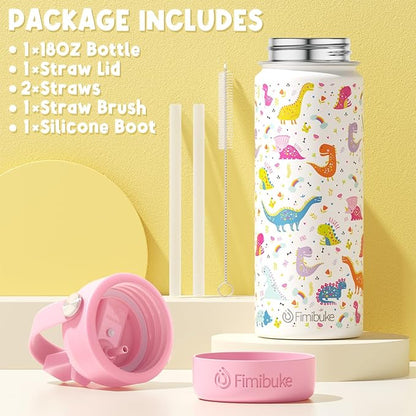 Fimibuke Kids Insulated Water Bottle -18oz BPA-FREE 18/8 Stainless Steel Kid Cup with Straw Travel Tumbler Double Wall Vacuum Leak Proof Toddler Water Bottle for School Boy Girl(1 Pack,White Dinosaur)