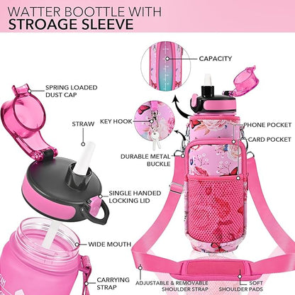 32 oz Water Bottles with Straw & Strap, Motivational Water Bottles with Times to Drink, BPA Free Reusable Sports Water Bottle with Sleeve Carrier for Gym, Workout or Fitness (Butterfly in Love)