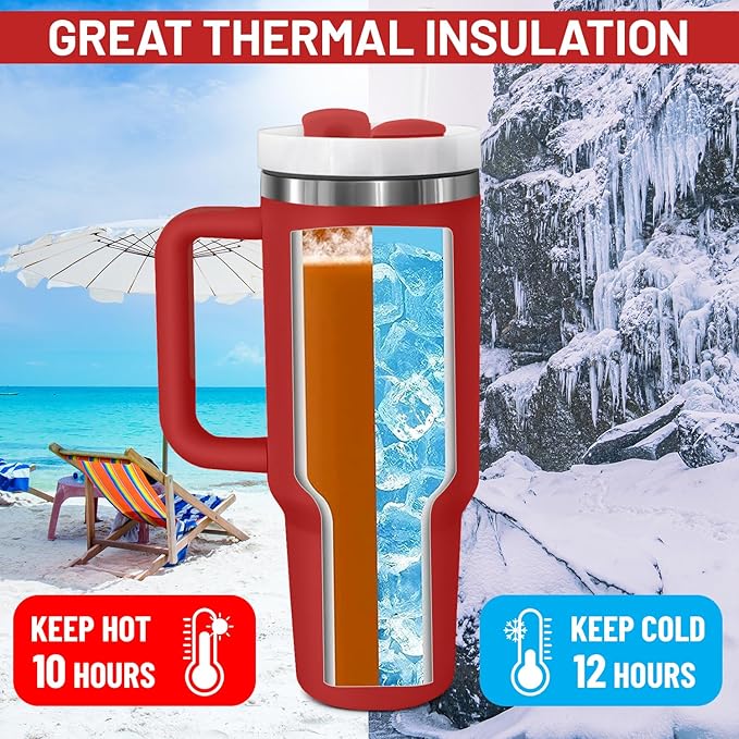 40oz stainless Steel Insulated Tumbler with Handle, lid and straw for cold water, Iced tea, or coffee - 100% Leak-Proof - Cupholder Friendly Travel Mug- Gifts for Women Men Him Her (Red)