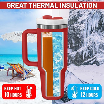 40oz stainless Steel Insulated Tumbler with Handle, lid and straw for cold water, Iced tea, or coffee - 100% Leak-Proof - Cupholder Friendly Travel Mug- Gifts for Women Men Him Her (Red)