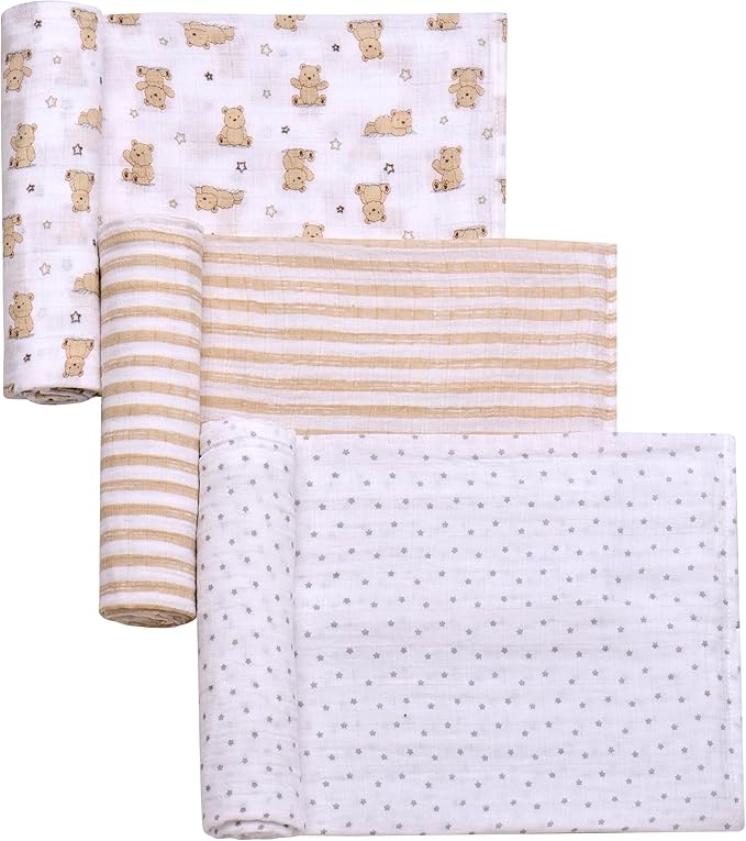 3 Pack Cotton Muslin Swaddle Blankets for Baby, 40" x 36", Lightweight, Breathable, Tan, (Little Me Bingle Bear)