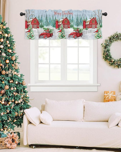 Red Truck Christmas Valance Curtains for Kitchen Windows Merry Christmas Farmhouse Rod Pocket Window Treatment Toppers for Kitchen/Living Room/Bedroom/Bathroom, 42" X 18", Winter Xmas Tree