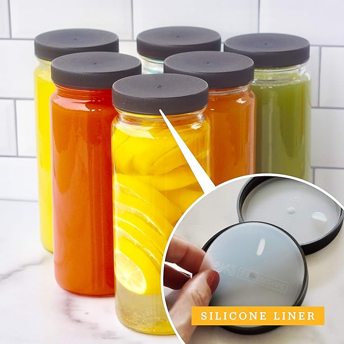 All About Juicing Clear Glass Water Bottles Set - 6 Pack Wide Mouth with Lids for Juice, Smoothies, Beverage Storage - 16 oz, Durable, Reusable, Dishwasher Safe, Leak Proof (Black Caps)