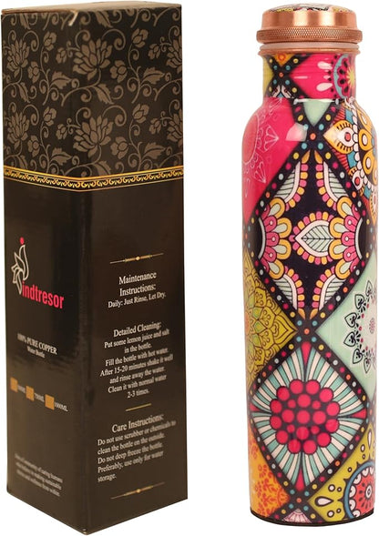 Pure Copper Water Bottle - Handcrafted - Ayurveda health benefits - Large 35 oz - Leak proof - Easy to carry for Sports, Fitness, Yoga, School - Artistic Floral Petals Multicolor Enamel