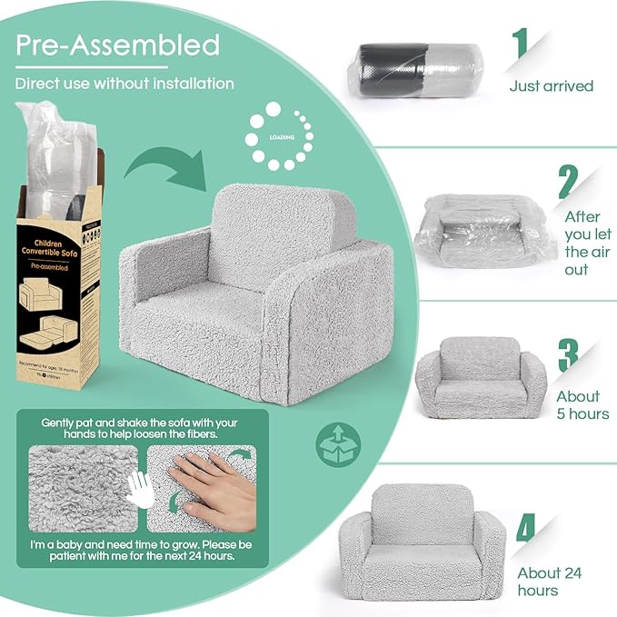 ACRABROS Kids Couch Toddler Chair: Sofa Bed Fold Out for Girls Boys Grey