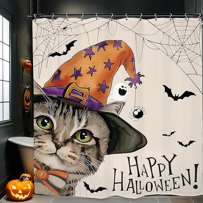 Halloween Cat Funny Shower Curtain 60Wx72L Inch Horror Spooky Scary Witch Bat Spider Animal Holiday Bathroom Set Accessories Decor with 12 Pack Hooks