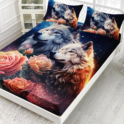 AILONEN Wolf Fitted Sheet Set Twin XL Size, Red Floral Flower and Wolves Animals Bed Sheet Set,3 Pieces Safari Wolf Bed Sheet Set for Boys Girls,1 Fitted Sheet with 2 Pillowcases