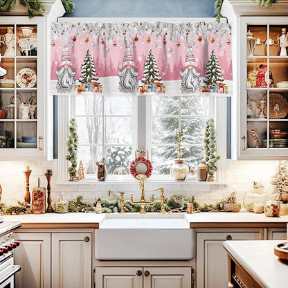 Vandarllin Christmas Gnome Kitchen Curtains and Valances Set, Winter Merry Christmas Tree Balls Windows Treatments Tiers Half/Short Curtains for Small Windows Cafe/Living Room/Bedroom 54x36 in Pink
