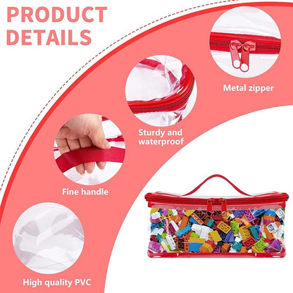 3 Packs Clear Toy Storage Bags- 9.4 x 6.7 x 4.3 Inch Transparent PVC Toy Organizing Bags with Zipper- Waterproof Toy Storage Organizer Pouch for Building Blocks, Small Toys (Red)