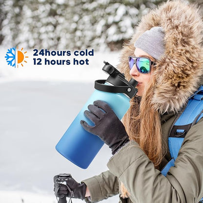 Half Gallon Insulated Water Bottle with 2-in-1 Lid (Chug Lid/Straw Lid), 40/64oz Double Walled Vacuum Stainless Steel Water Bottles, Water Jug with Straw