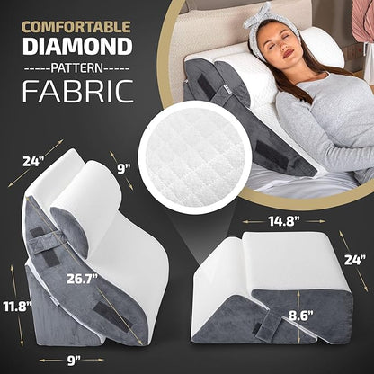 5pcs Orthopedic Bed Wedge Pillow Set w/Leg Elevation Pillow - Perfect Adjustable Memory Foam Pillows for After Surgery Recovery, Back Support, Pain Relief, Acid Reflux, Sleeping & GERD