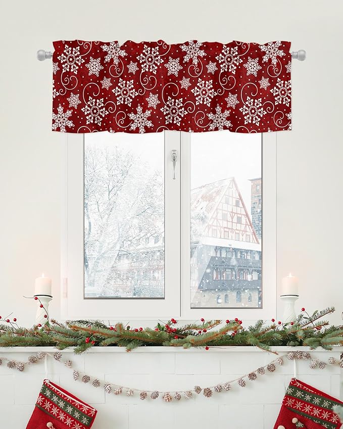 Christmas Valance Curtains for Kitchen Windows Red White Snowflakes Pattern Rod Pocket Window Treatment Toppers for Kitchen/Living Room/Bedroom/Bathroom, 42" X 18", Winter