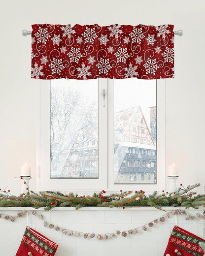Christmas Valance Curtains for Kitchen Windows Red White Snowflakes Pattern Rod Pocket Window Treatment Toppers for Kitchen/Living Room/Bedroom/Bathroom, 42" X 18", Winter