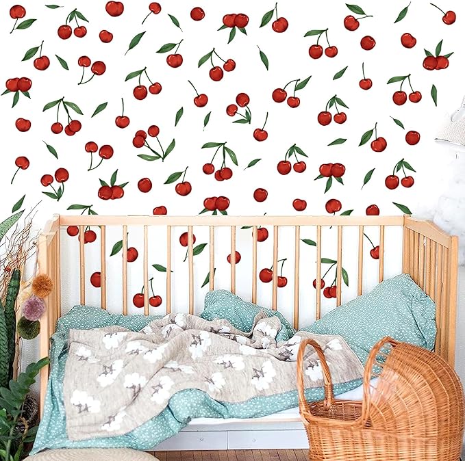 Red Cherry Wall Decals Cherries Fruit Wall Stickers Peel and Stick Kitchen Wall Stickers Removable Boho Green Leaves Wall Decals Watercolor Fruit Leaf Stickers for Nursery Bedroom Decor