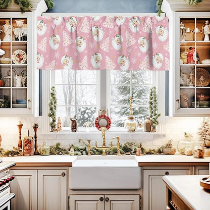 Pink Christmas Valance Curtains for Kitchen Windows Santa Claus Merry Christmas Tree Rod Pocket Window Treatment Toppers for Kitchen/Living Room/Bedroom/Bathroom, 54" X 18", Winter Snowflake