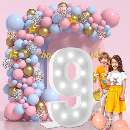 4FT Marquee Light Up Numbers Marquee Numbers 9, Multiple Color Options Including Cool White, Pink, Blue, & Colorful, NO Glue Gun Needed
