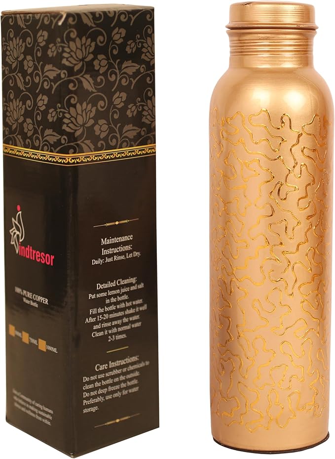 Pure Copper Water Bottle - Handcrafted - Ayurveda health benefits - L- 35 oz - Leak proof - Easy to carry for Sports, Fitness, Yoga, School - Natural Copper Finish Golden Glade Pattern