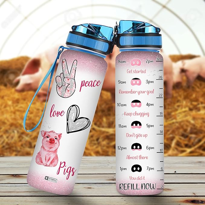 Hyturtle Peace Love Pig 32Oz Liter Motivational Water Bottle With Time Marker, Gift For Women Girls Friends Kids Family Pig Lovers On Birthday Mother's Day Anniversary